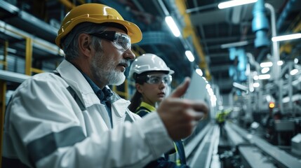 Wall Mural - Automation engineer showing diagnostic results to a colleague, with machinery and conveyor belts in the background