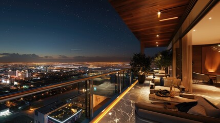 Wall Mural - A chic terrace lounge featuring a sleek glass railing, plush seating, and a panoramic view of a bustling city under a clear night sky.