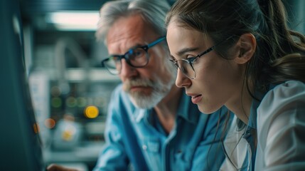 Wall Mural - A female manager and a male industrial engineer focused on a desktop computer, reviewing a microchip prototype's production details in an automated electronics factory