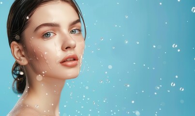 Sticker - Woman with smooth skin surrounded by flying water drops. Free copy space for text.