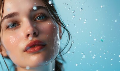 Wall Mural - Woman with smooth skin surrounded by flying water drops. Free copy space for text.