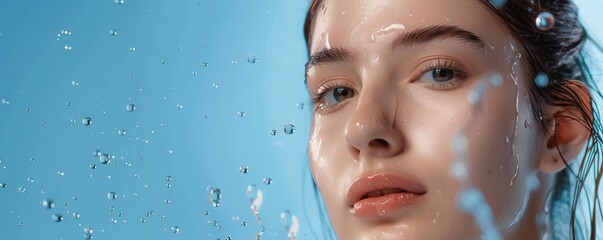 Wall Mural - Woman with smooth skin surrounded by flying water drops. Free copy space for text.