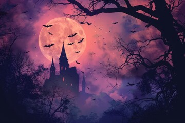 A classic Halloween scene with a full moon, flying bats, and a silhouette of a haunted house 