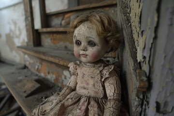 A creepy doll with cracked porcelain skin, sitting in an abandoned house -