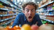 © photolas - In a supermarket, close-up portrait of a male customer, funny emotional facial expression against the shelves.