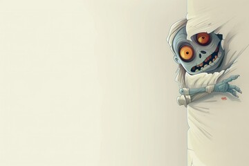 Cute, cartoon-style mummy peeking out from behind a corner on a clean, light background 