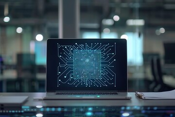 Poster - A laptop screen displaying an AI circuit board design with glowing blue lights, set against a blurred background with bokeh lights