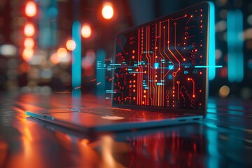 Poster - A laptop screen displaying an AI circuit board design with glowing blue lights, set against a blurred background with bokeh lights