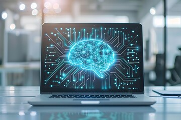 Poster - A laptop screen displaying an AI circuit board design with glowing blue lights, set against a blurred background with bokeh lights