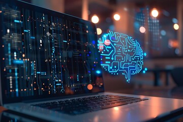Poster - A laptop screen displaying an AI circuit board design with glowing blue lights, set against a blurred background with bokeh lights