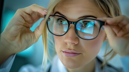 Patient trying on glasses and looking in the mirror.