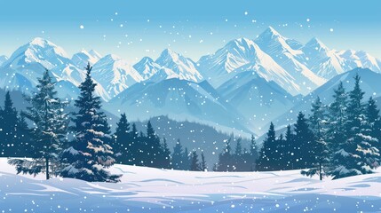 Wall Mural - A snowy winter day. Fir trees in snowdrifts  mountains covered with snow  clear blue sky. Snowfall. Design for banner  background  wallpaper  postcard. Concept of tourism  hiking. Vector image. --