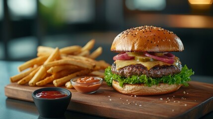 Wall Mural - A tempting burger piled high with fresh toppings sits next to golden fries on a rustic wooden board, invitingly displayed in a warm, cozy environment