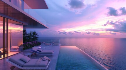 Wall Mural - A high-end terrace lounge with a stylish infinity edge pool, minimalist loungers, and a breathtaking view of a tranquil ocean at twilight, with the sky painted in vibrant hues of pink and purple.