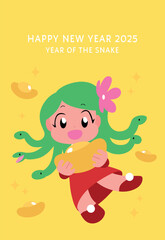 Wall Mural - Chinese new year vector card with cute girl holding a golden sycee ingot. Year of the snake medusa girl vector illustration.