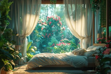 Cozy bedroom with a view of a lush garden.