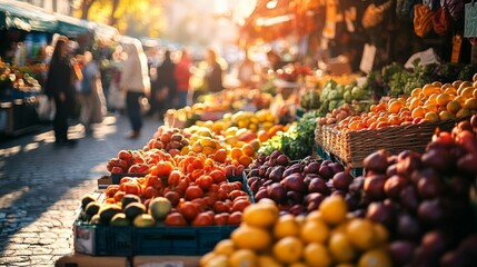 Wall Mural - Stalls overflow with colorful fruits and vegetables as shoppers explore the lively farmers market, enjoying the bright morning atmosphere and fresh offerings