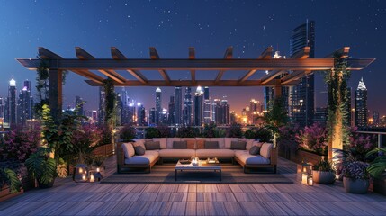 Wall Mural - A high-end terrace lounge with a stylish pergola, elegant sofas, and a panoramic view of a vibrant city skyline at night, with the city lights twinkling like stars.