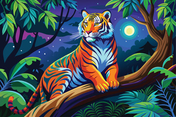 Wall Mural - Tiger Resting on a Branch in a Jungle at Night