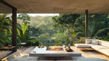 Wall Mural - A high-end terrace lounge with a minimalist design, featuring an elegant fire table, white sofas, and a serene view of a lush forest.