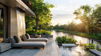 Wall Mural - A luxurious terrace lounge featuring a modern water feature, plush seating, and a serene view of a peaceful river surrounded by greenery.