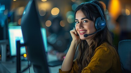 Friendly female customer service representative working on computer in a professional office environment, providing expert assistance through a helpline, showcasing modern remote support