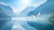 © mac - A single white pigeon soaring above a serene mountain lake, with mist-covered peaks in the background and a clear blue sky overhead, evoking a sense of freedom and tranquility.