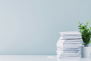 Poster - A serene office environment with a stack of government bonds on a desk, symbolizing the reliability of government bonds in conservative investing. The clean backdrop offers ample copy space for text
