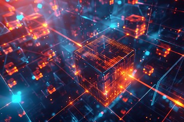 Fototapete - abstract background with glowing lights data cube technology concept. Futuristic technology abstract background with lines and cubes, big data, data center,