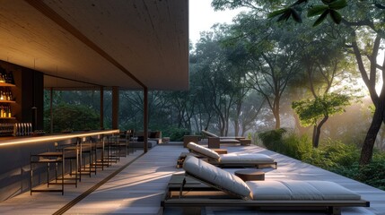 Wall Mural - A luxurious terrace lounge with a sleek outdoor bar, comfortable loungers, and an expansive view of a peaceful forest clearing at dawn, with soft morning light filtering through the trees.