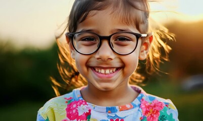 Sticker - portrait of a little girl with glasses on the background of nature