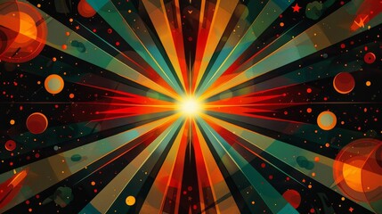 Poster - Colorful vector design of a glowing explosion with bright lights and laser rays in outer space, resembling a colorful rainbow burst against a blue background