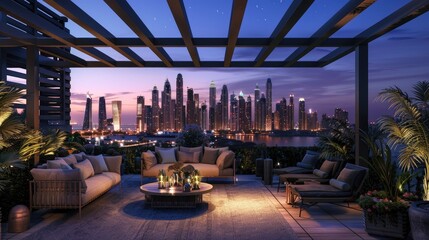 Wall Mural - A luxurious terrace lounge with a stylish pergola, plush seating, and a panoramic view of a vibrant city skyline at night, with the city lights twinkling like stars.