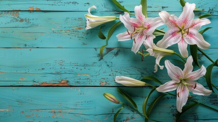 Wall Mural - Lily flowers on painted turquoise wooden planks in spring