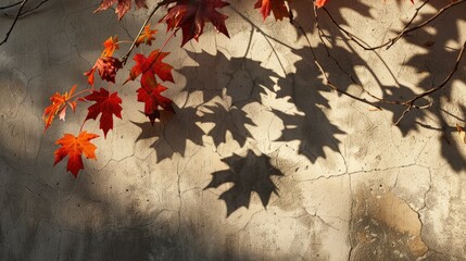 Wall Mural - maple tree leaves casting shadow on wall in abstract autumn scene