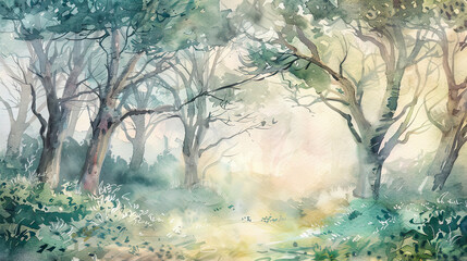 Wall Mural - Whimsical Watercolor Forest Trees Sway in a Gentle Breeze Background AI Generative