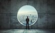 © Aleena - Businessman standing in concrete room with big round window and city view, looking away from camera. Concept of future business idea or vision. futuristic interior design.