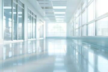 Wall Mural - Blurred empty white modern interior of a business office building with glass windows space to be use for text, copy, banner or web template mockup. blur and defocus interior of window hospital hall