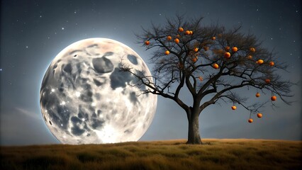 Wall Mural - Silhouetted Serenity: A Persimmon Tree Under the Full Moon  AI generated