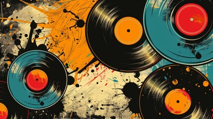 Nostalgic vinyl records background with musical notes overlay