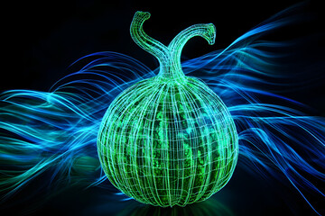 Wall Mural - Neon wireframe horned melon with light trails isotated on black background.