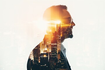 Wall Mural - Businessman smiling with cityscape double exposure concept