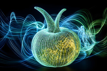 Wall Mural - Neon wireframe horned melon with light trails isotated on black background.