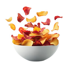 Poster - Bowl Of Veggie Chips With Floating Slices On Transparent Png Background For Healthy Snack Advertisements . Generative ai