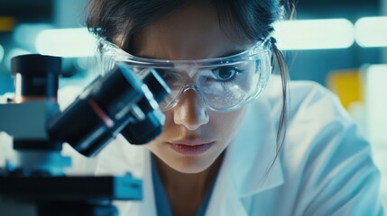 Poster - A Focused Scientist Examining a Slide Through a Microscope
