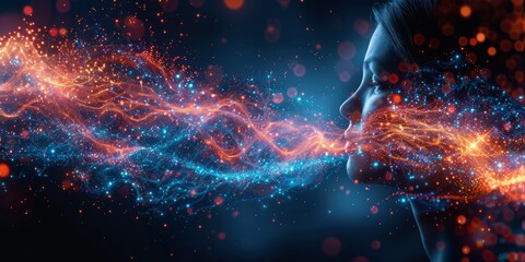 woman exhaling a stream of sparkling particles