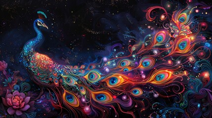 Poster - Glowing fractal pattern wallpaper with swirling blue and purple lights, abstract space motion backdrop