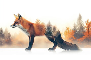 Wall Mural - Red fox walking with autumn forest double exposure