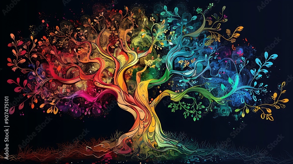 Abstract digital tree of life swirls with kaleidoscope of colors and ...