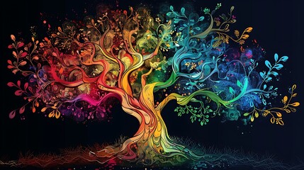 Poster - Abstract digital tree of life swirls with kaleidoscope of colors and flowing branches for nature growth and vibrant energy expression in visual harmony concept.